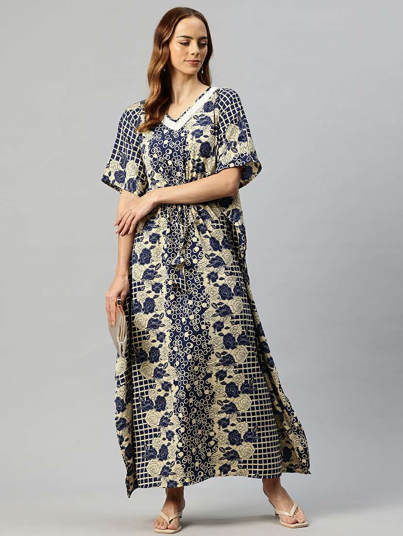 women florals printed v neck kaftan dress