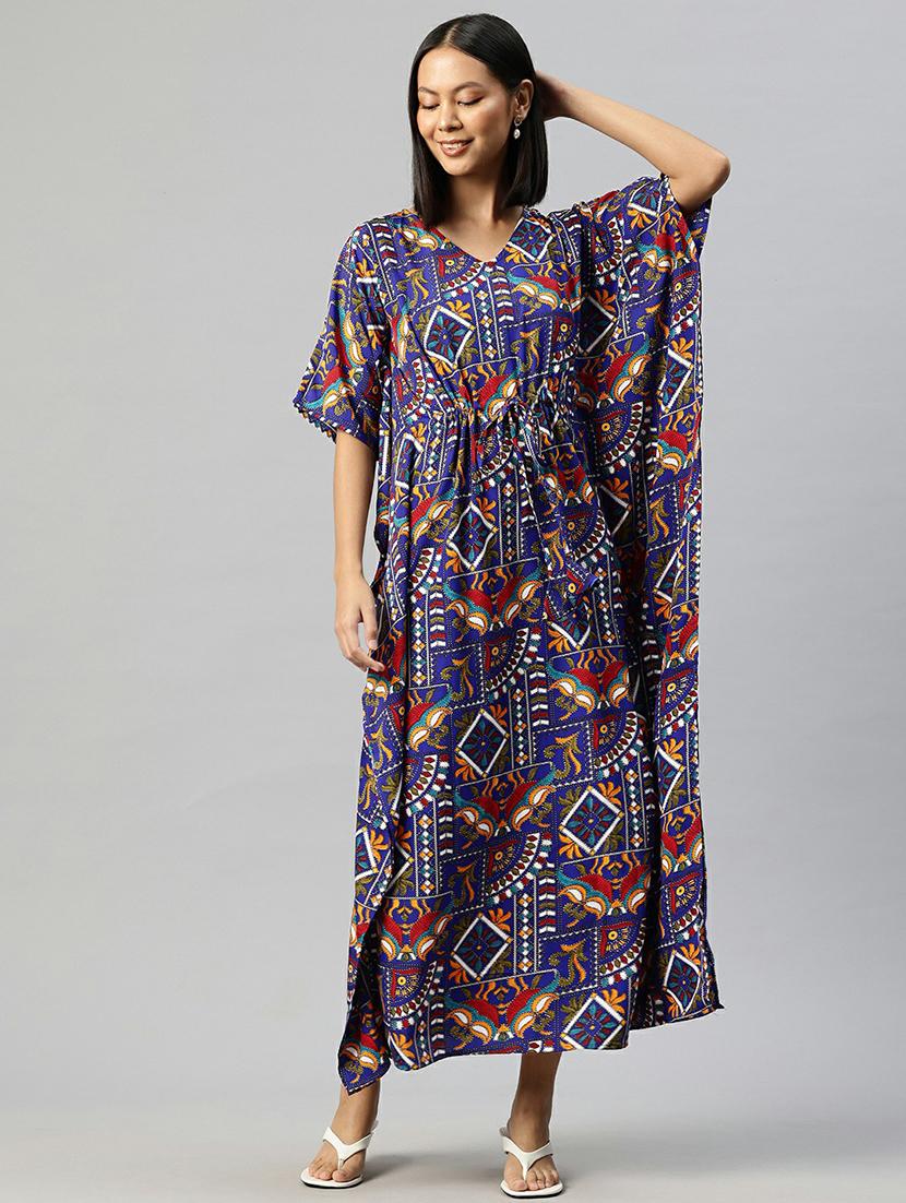 women blue printed v neck kaftan dress - 21663453 -  Zoom Image - 0
