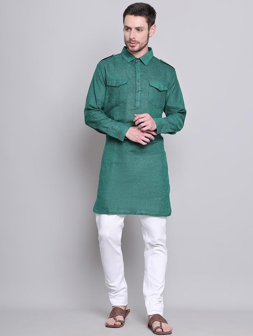 men solid long sleeve pathani kurta