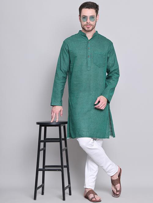 men green solid long sleeve kurta - 21663464 -  Standard Image - 0