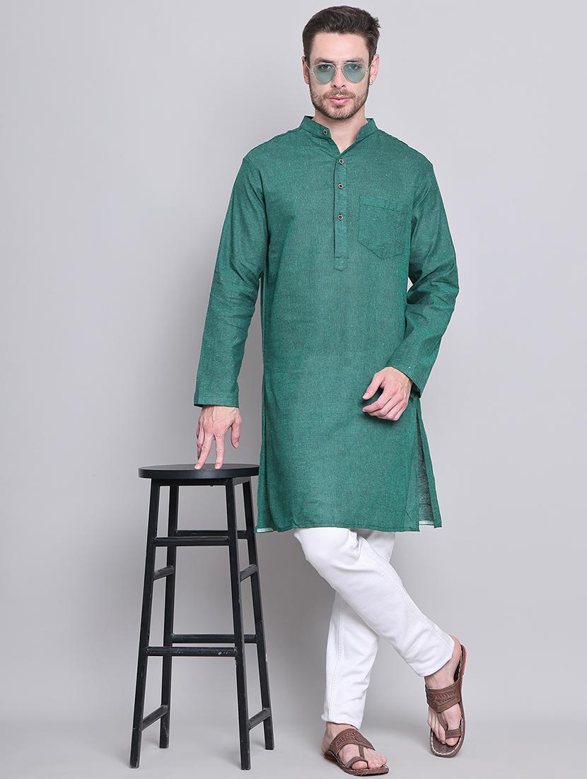 men green solid long sleeve kurta - 21663464 -  Zoom Image - 0