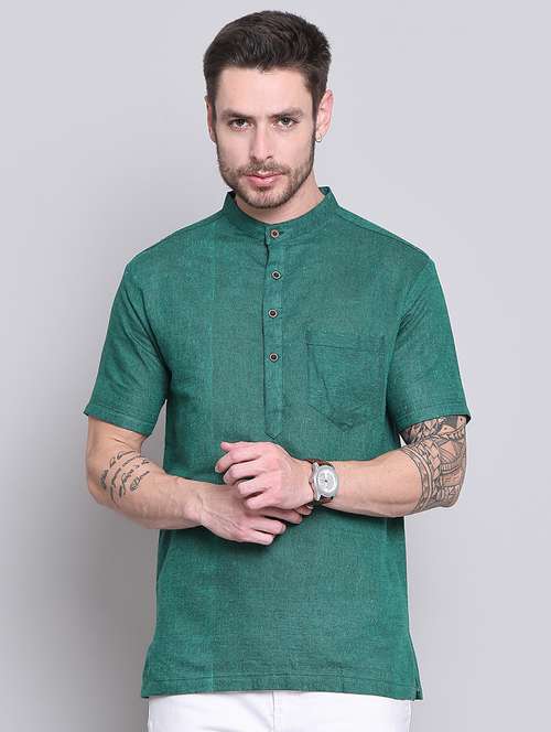 men green solid mandarin neck short kurta - 21663465 -  Standard Image - 0