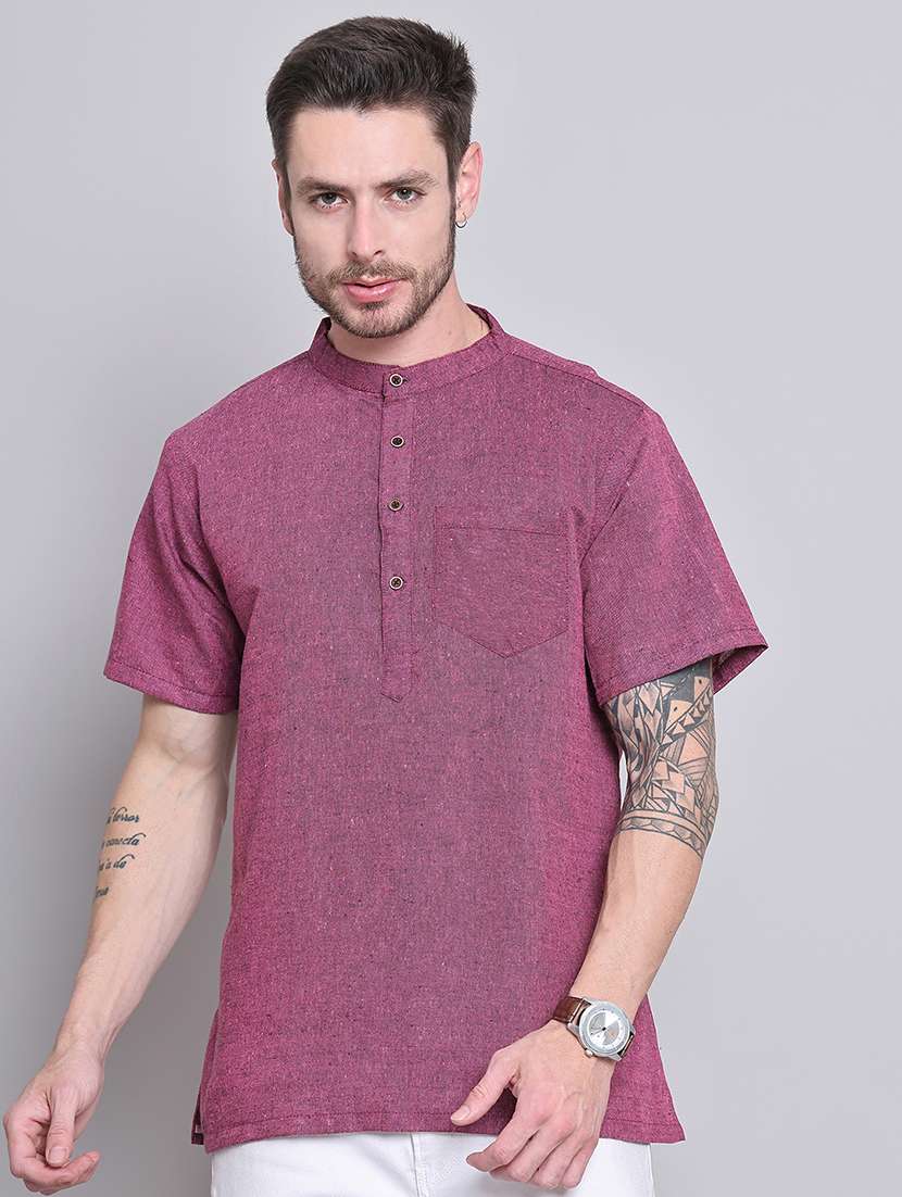 men pink solid mandarin neck short kurta - 21663467 - Zoom Image - 0