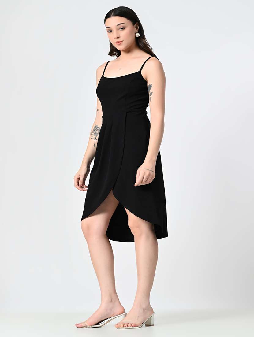 women solid shoulder strap neck high low dress - 21663691 -  Standard Image - 2