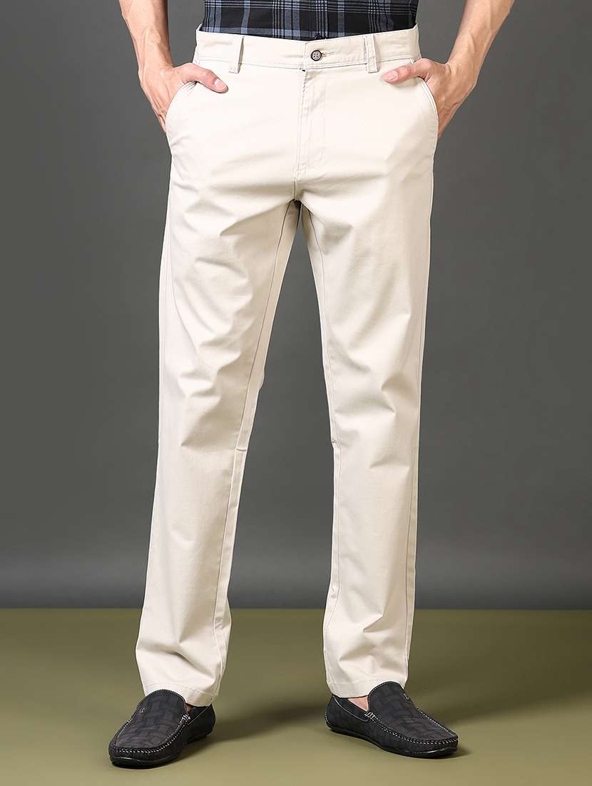 men solid mid rise flat front casual trouser
