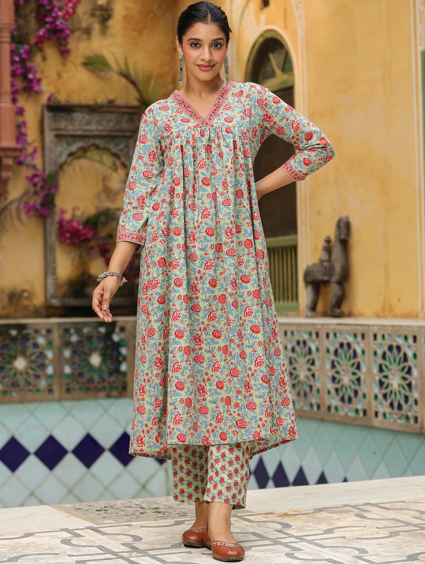 women neo mint floral print kurta pant set