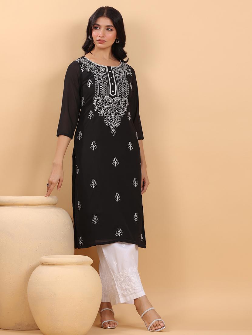 women embroidered three quarter sleeve straight kurta - 21663983 - Standard Image - 2