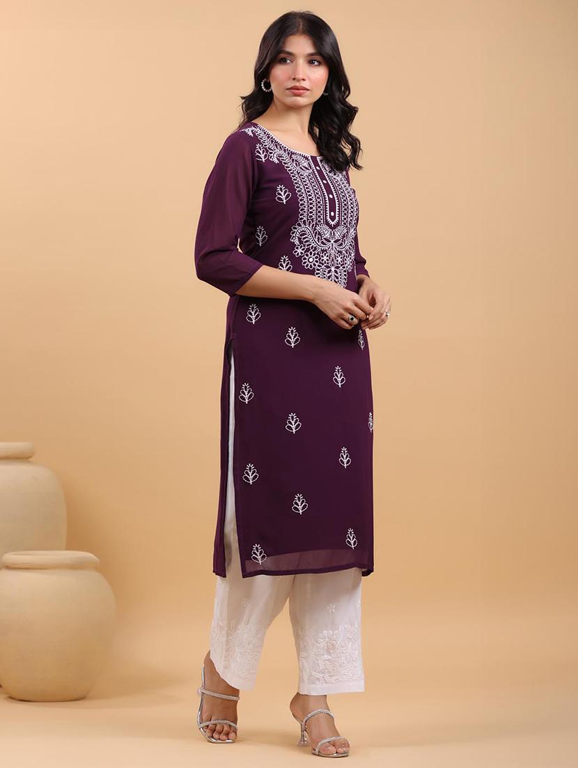 women embroidered three quarter sleeve straight kurta - 21663984 - Standard Image - 2