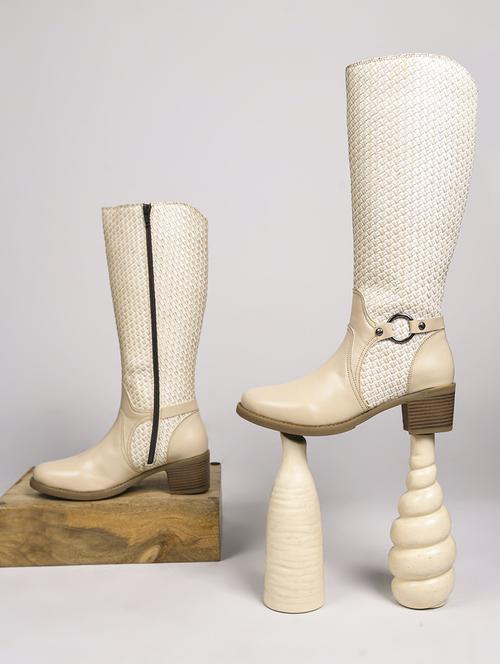 women cream textured knee length boot - 21664010 -  Standard Image - 0