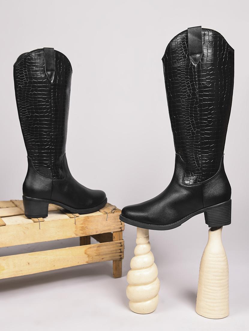 women black textured knee length boot - 21664012 -  Zoom Image - 0