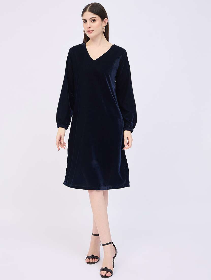 women navy blue solid a-line dress