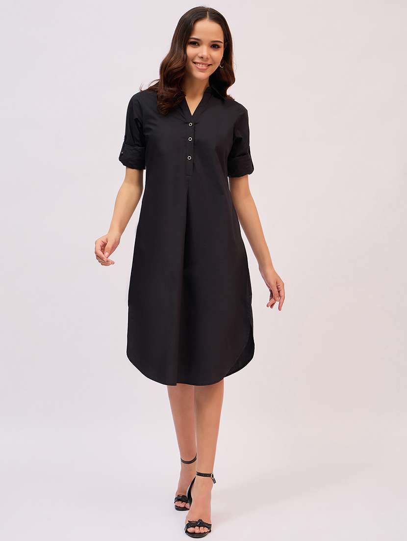 women black solid a-line dress