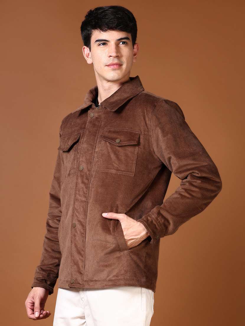 men brown solid long sleeve shacket - 21664501 -  Standard Image - 2