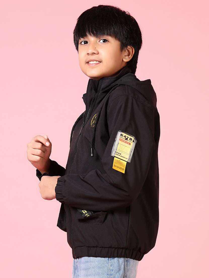 boys black hooded solid bomber jacket - 21664513 -  Standard Image - 2