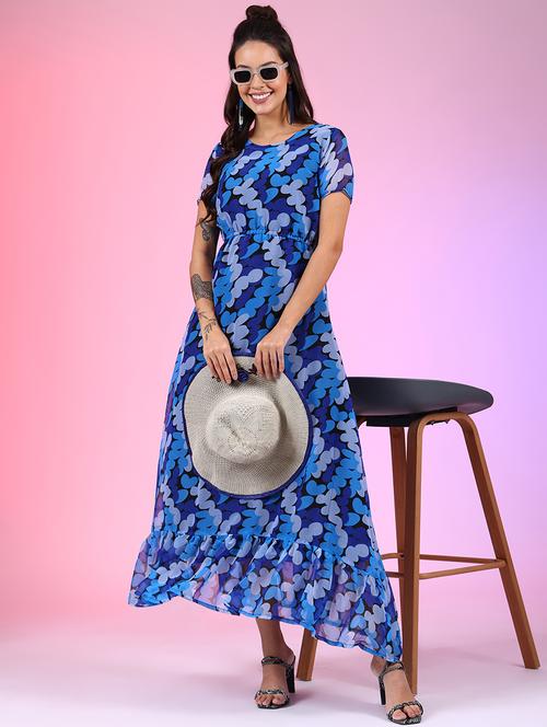 women blue printed round neck a-line dress - 21664695 -  Standard Image - 0