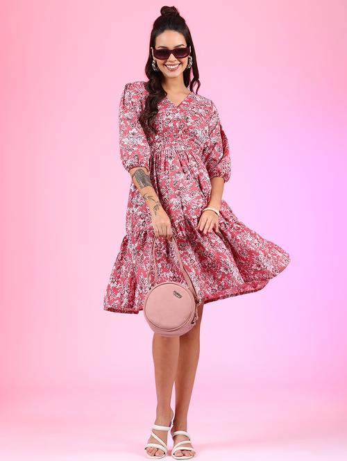 women pink floral printed v neck tiered dress - 21664761 - Standard Image - 0