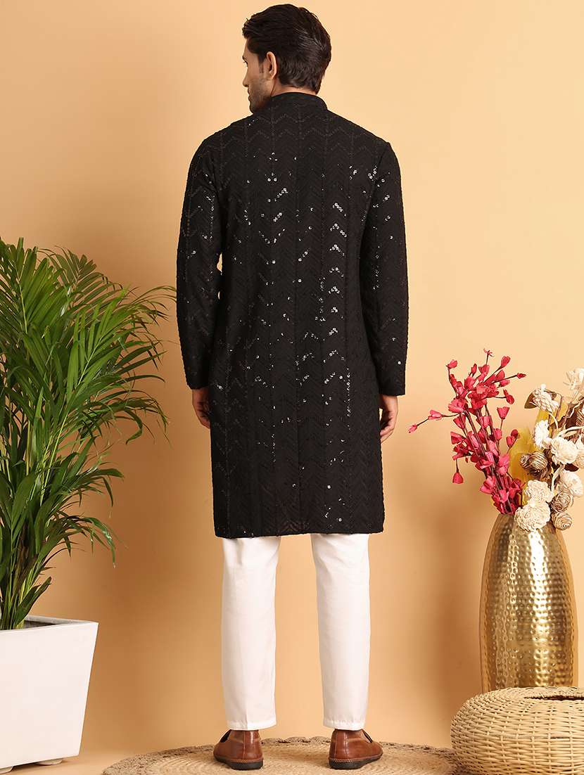 men mandarin neck sequined kurta pyjama set - 21664822 - Standard Image - 2