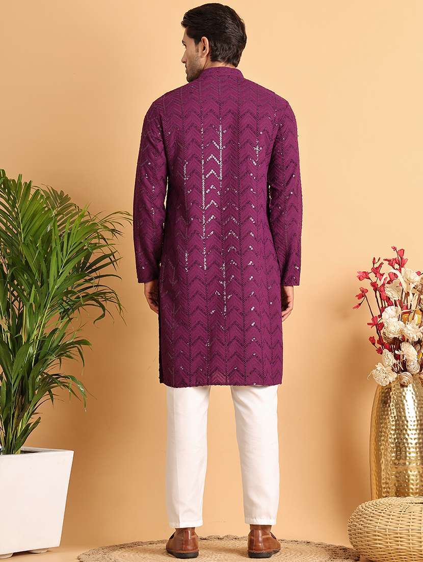 men mandarin neck sequined kurta pyjama set - 21664825 -  Standard Image - 2