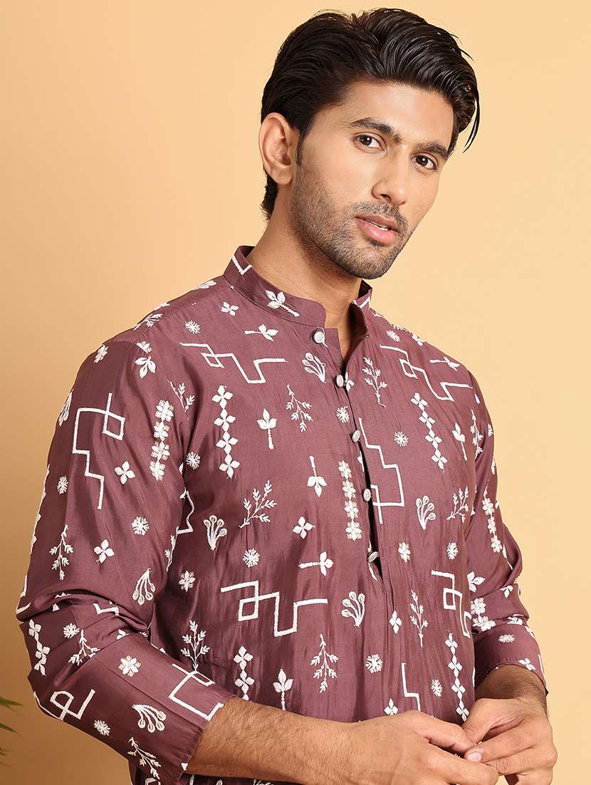 men mandarin neck embroidered kurta pyjama set - 21664829 -  Standard Image - 2