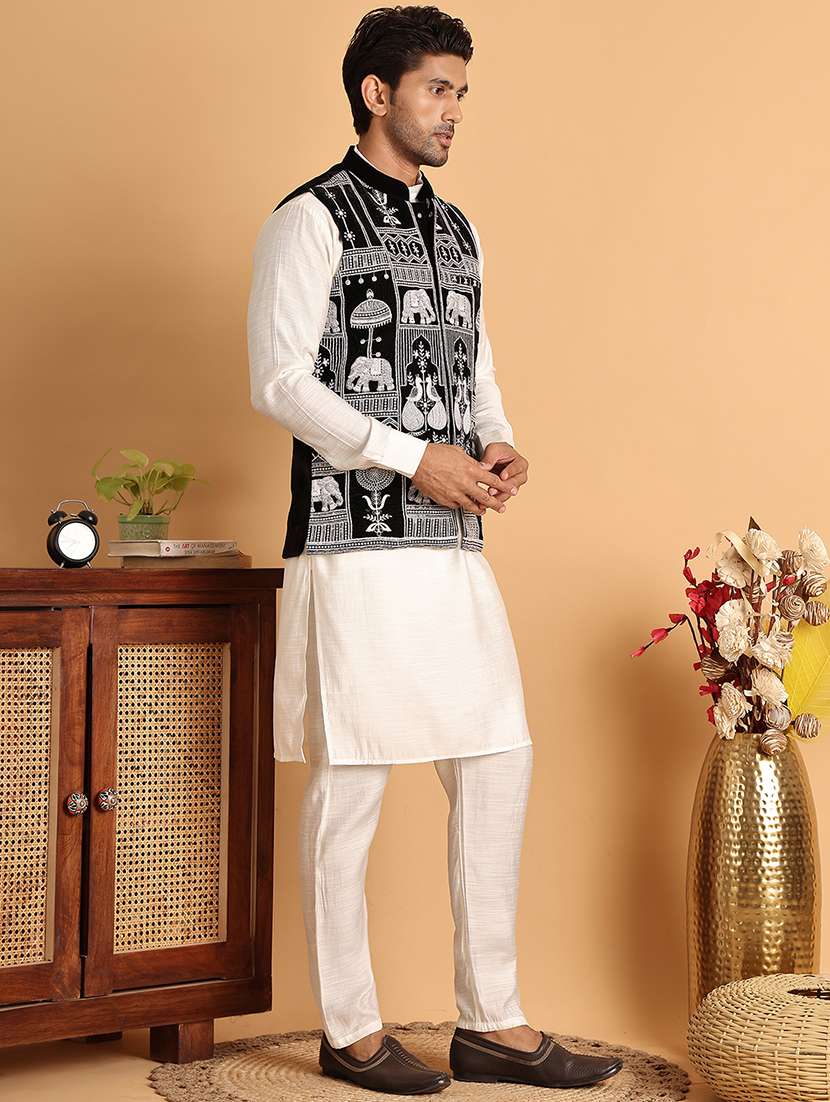 men black embroidered nehru jacket - 21664910 - Standard Image - 2