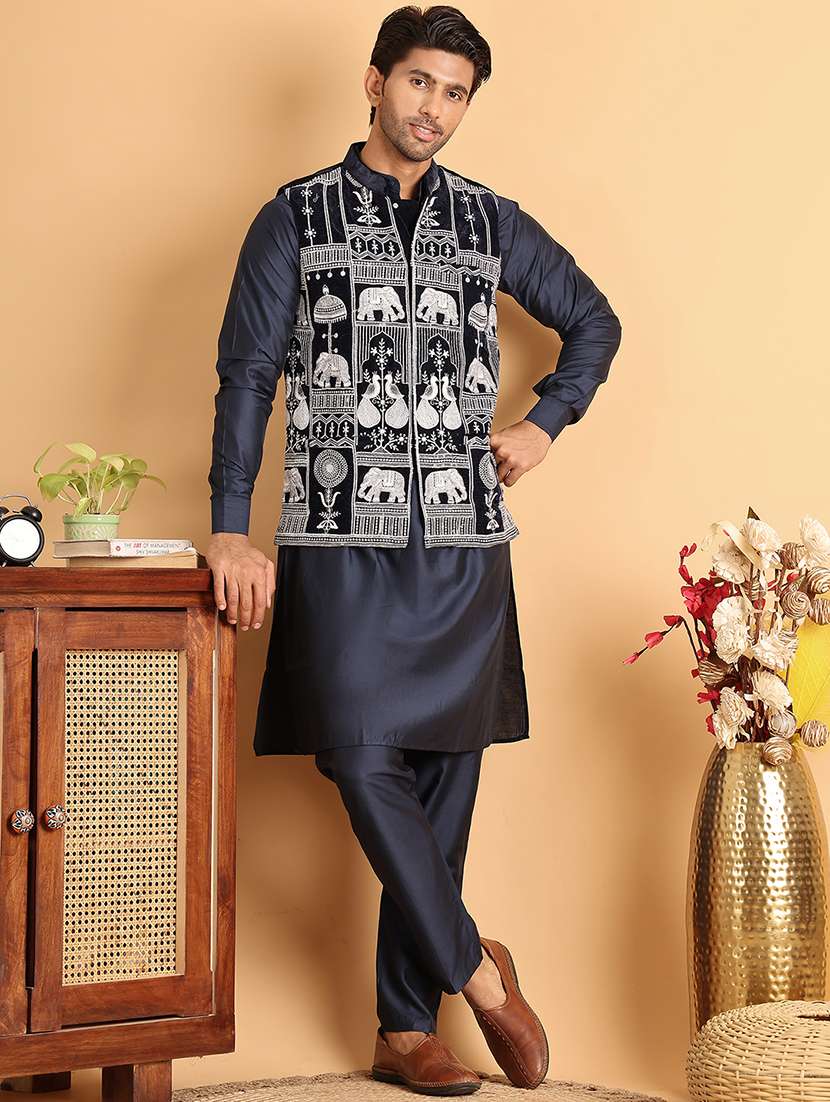 men blue embroidered nehru jacket - 21664911 -  Standard Image - 2