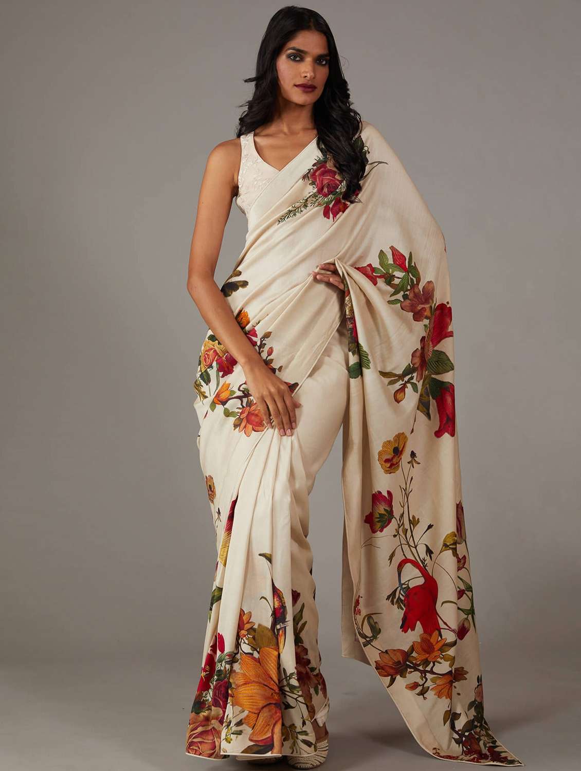 women white floral printed saree with blouse