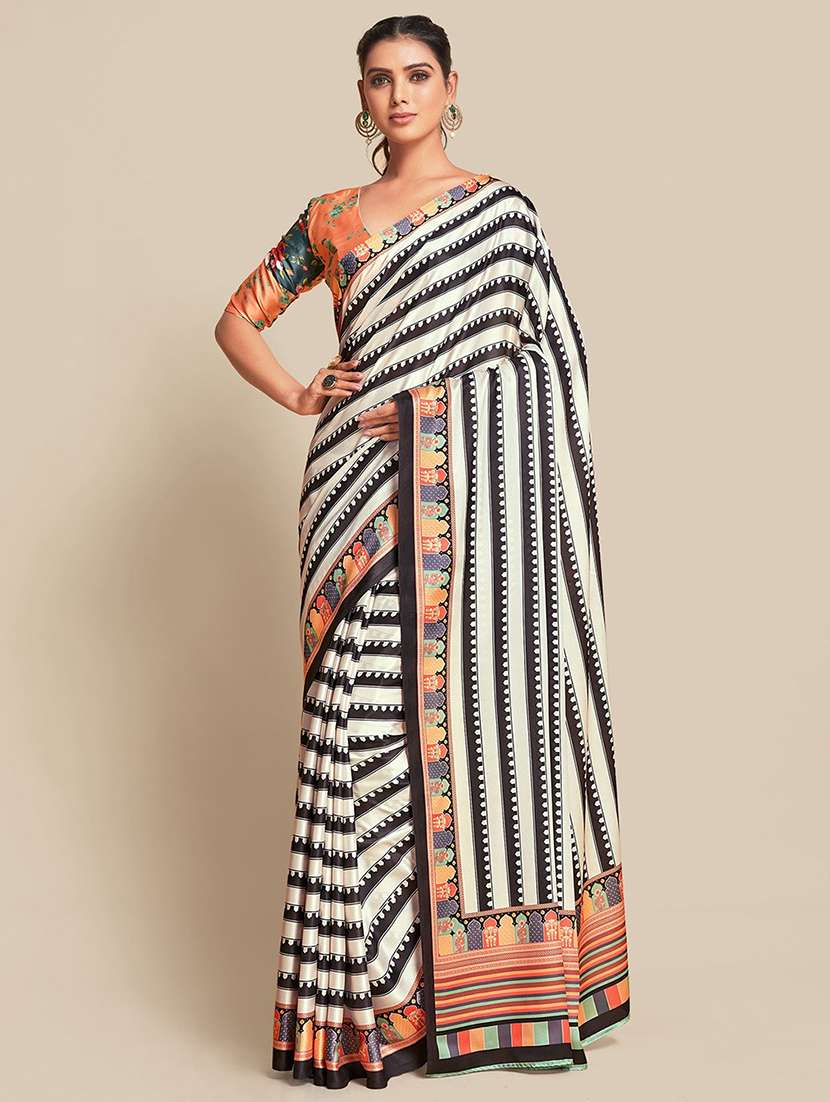 women black stripes printed saree with blouse