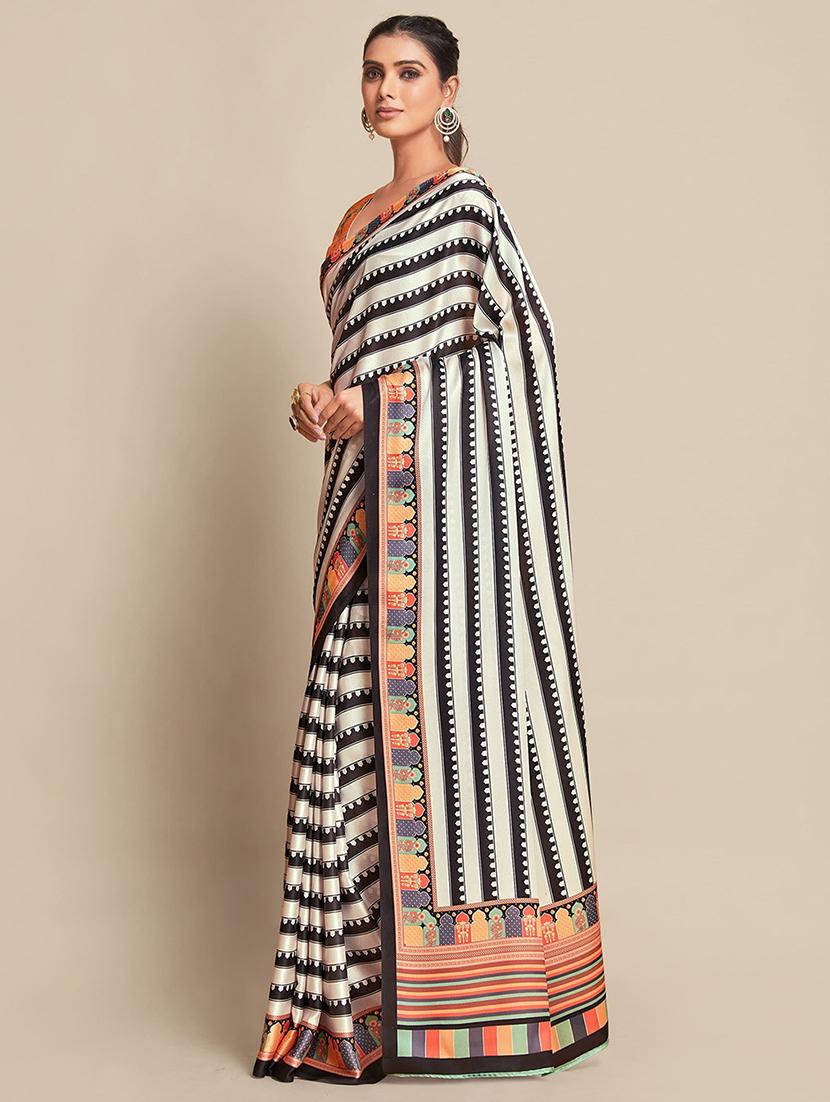 women black stripes printed saree with blouse - 21664956 - Standard Image - 2