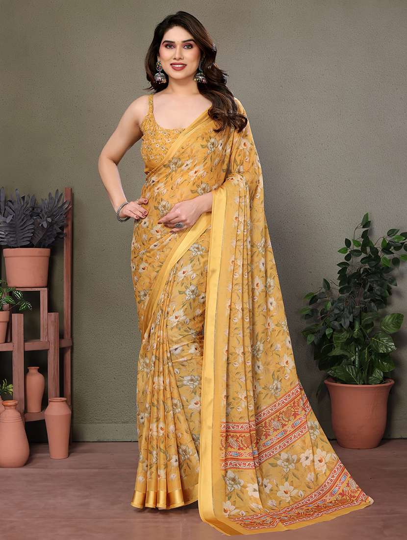 women yellow floral printed saree with blouse