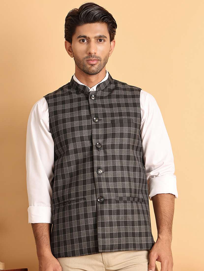 men checks mandarin neck nehru jacket