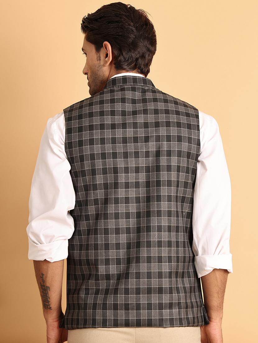 men checks mandarin neck nehru jacket - 21665463 - Standard Image - 2