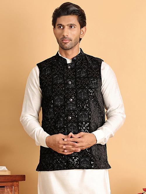 men black embroidered nehru jacket - 21665468 - Standard Image - 0