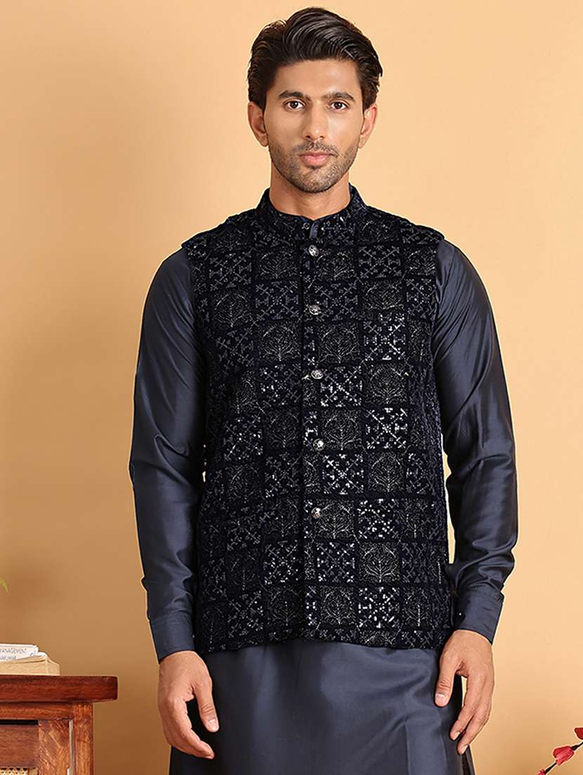 navy blue velvet nehru jacket