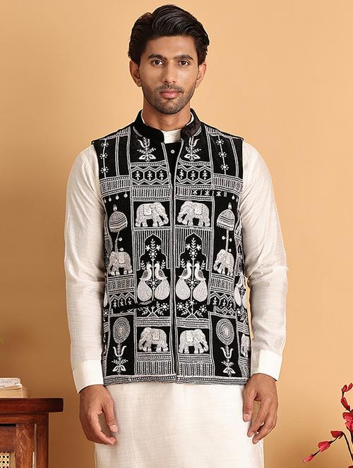 black velvet nehru jacket - 21665470 - Standard Image - 0