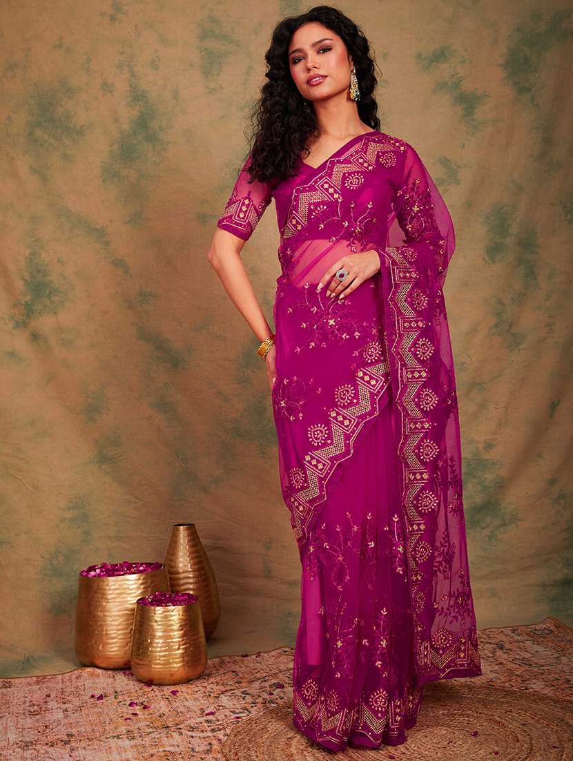 women solid with work embroidered saree with blouse