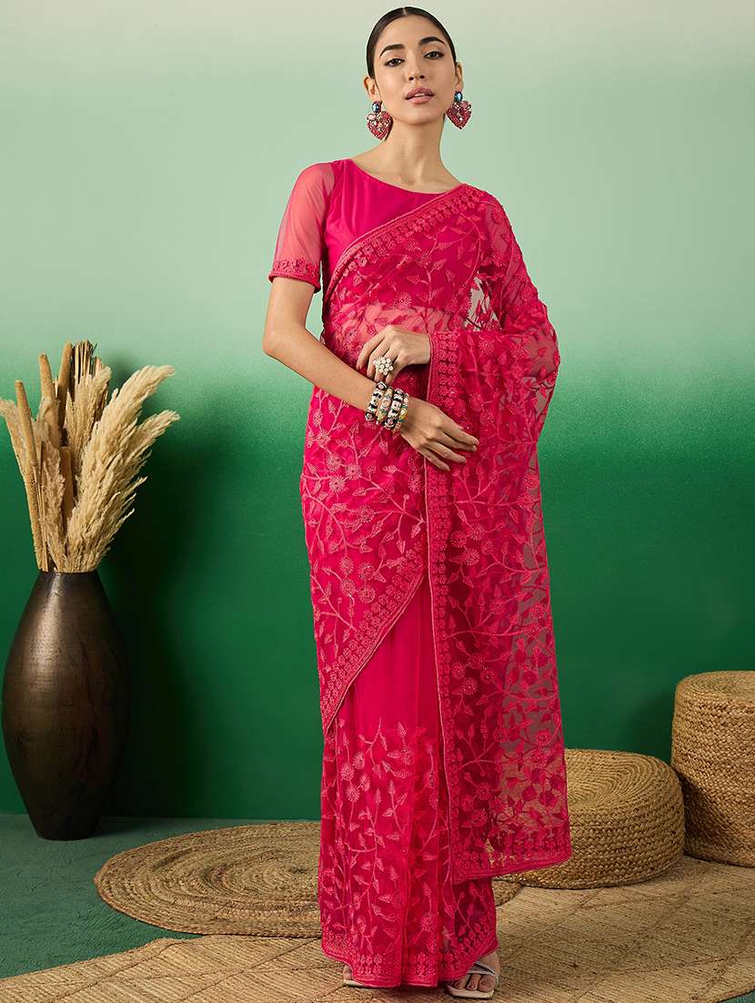 women solid with work embroidered saree with blouse