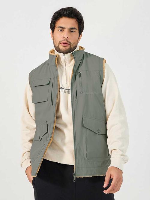men grey solid sleeveless casual jacket - 21666278 -  Standard Image - 0