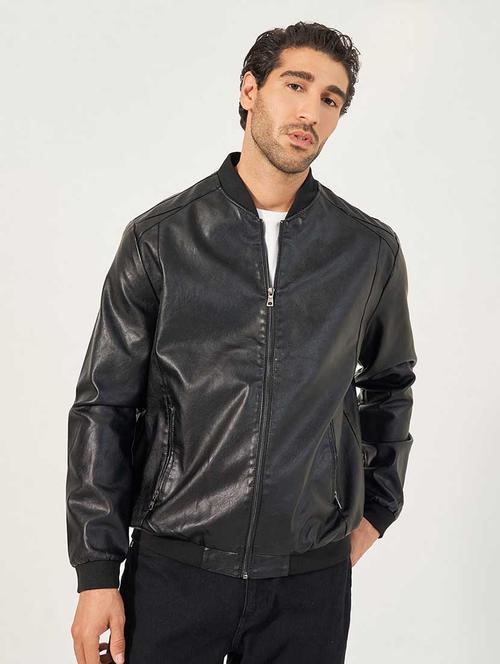 men black solid long sleeve biker jacket - 21666288 - Standard Image - 0