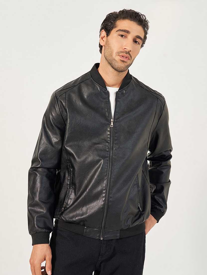 men black solid long sleeve biker jacket - 21666288 - Zoom Image - 0