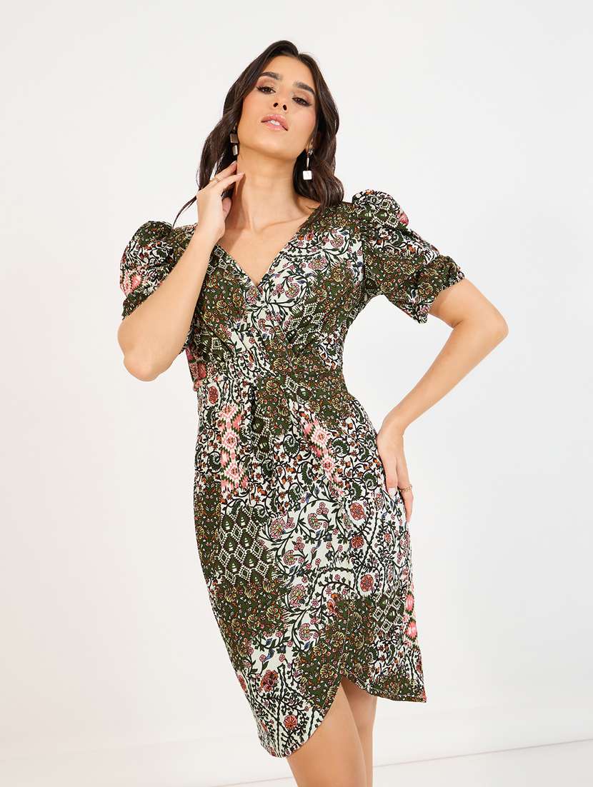 women printed puff sleeves wrap dress - 21666334 - Standard Image - 2