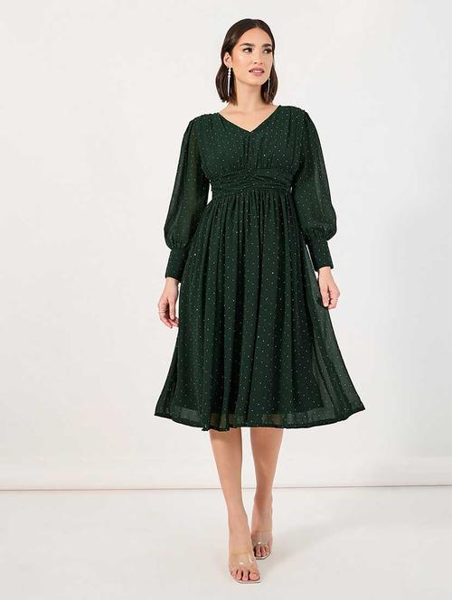 women polka doted puff sleeves fit & flare dress - 21666340 -  Standard Image - 0
