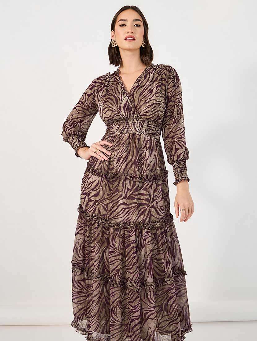 women abstract print puff sleeves tiered dress - 21666341 -  Standard Image - 2