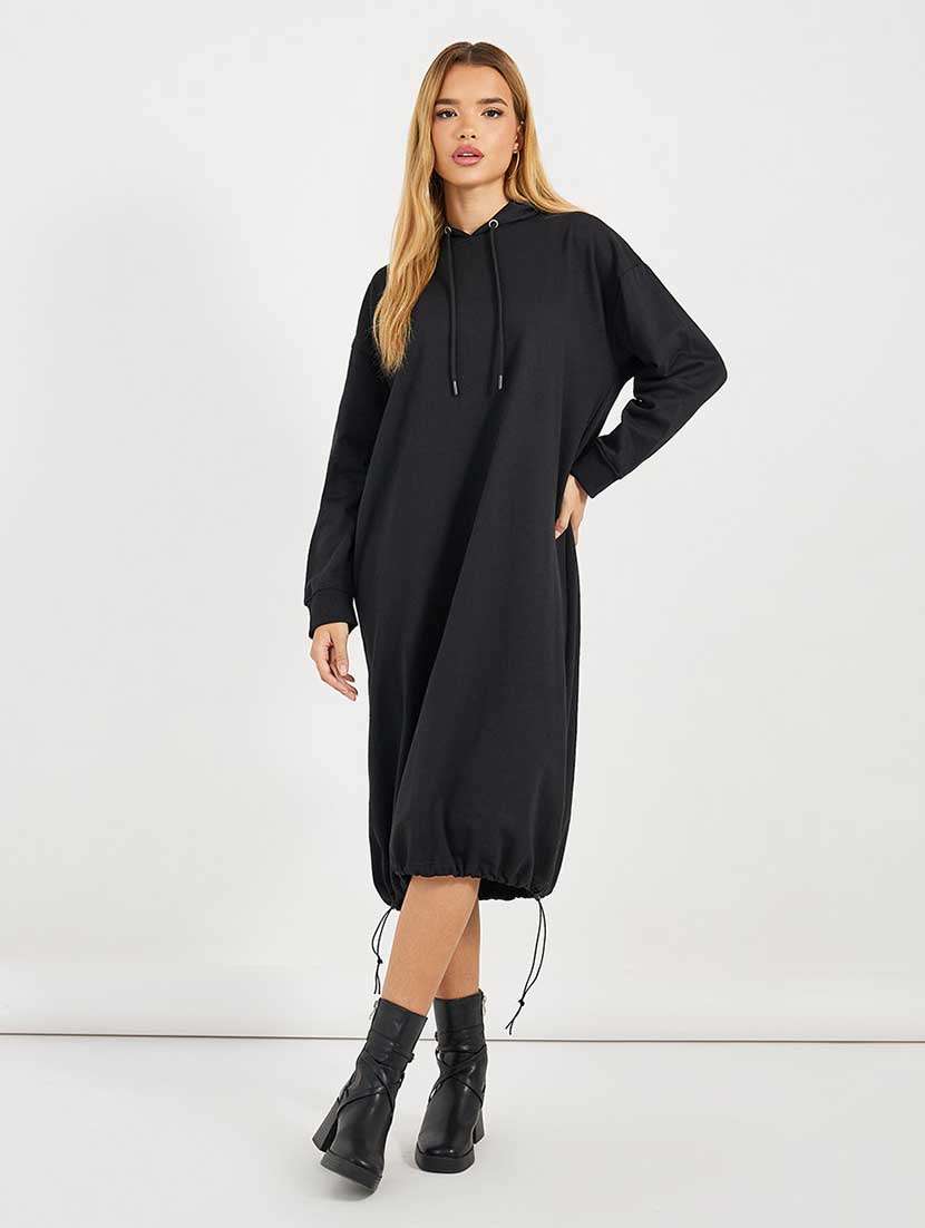women solid long sleeves hooded t-shirt dress