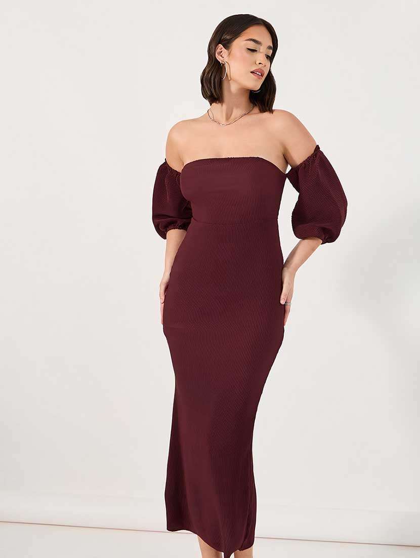 women solid off shoulder bodycon dress - 21666345 -  Standard Image - 2