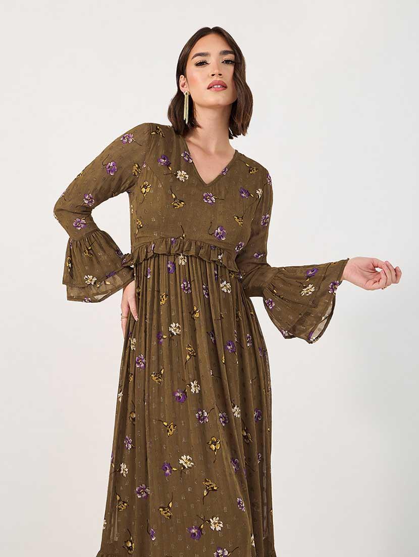 women floral print bell sleeves tiered dress - 21666349 - Standard Image - 2