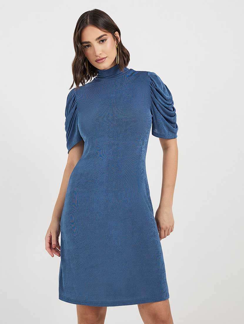 women solid high neck puff sleeves sheatth dress - 21666355 -  Standard Image - 2