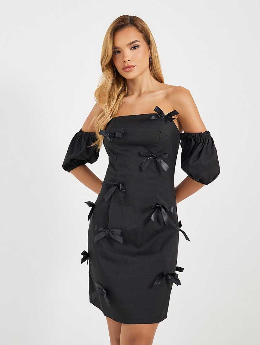 women solid bow detailed off shoulder bodycon dress - 21666357 - Standard Image - 2