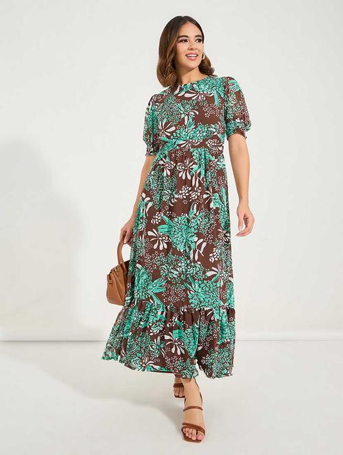 women printed puff sleeves tiered dress - 21666366 - Standard Image - 0