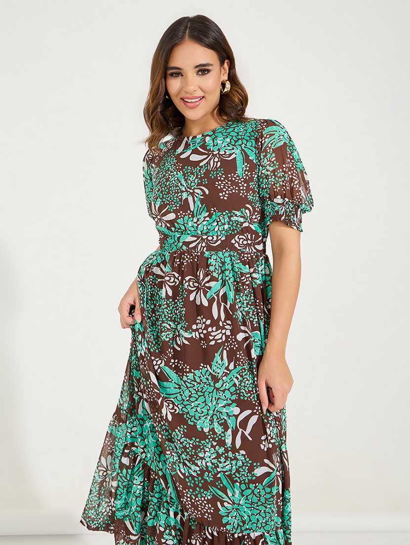 women printed puff sleeves tiered dress - 21666366 - Standard Image - 2