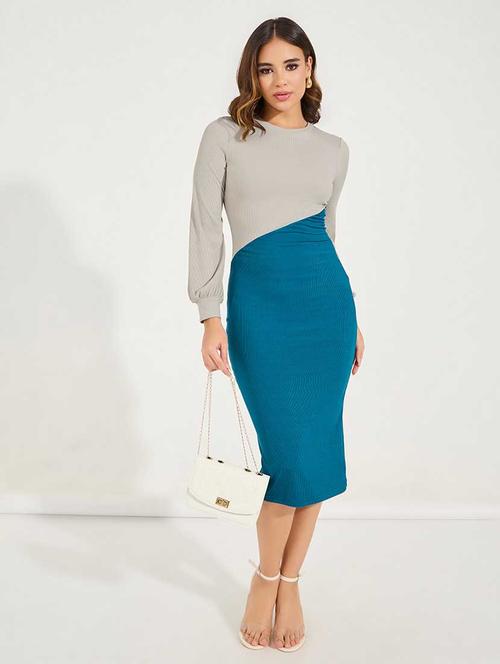 women color blocked puff sleeves bodycon dress - 21666369 - Standard Image - 0
